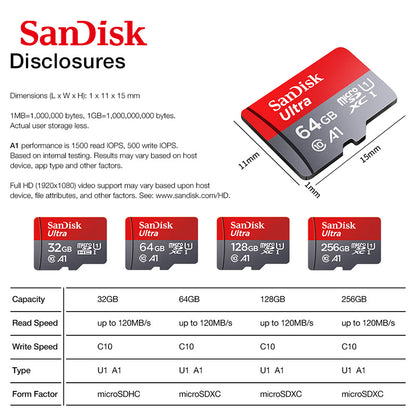 SanDisk Micro SD Card 32GB 64GB Memory Card 128GB tarjeta  A1 Ultra Micro TF Card 256GB for Phone Tablet Free Shipping