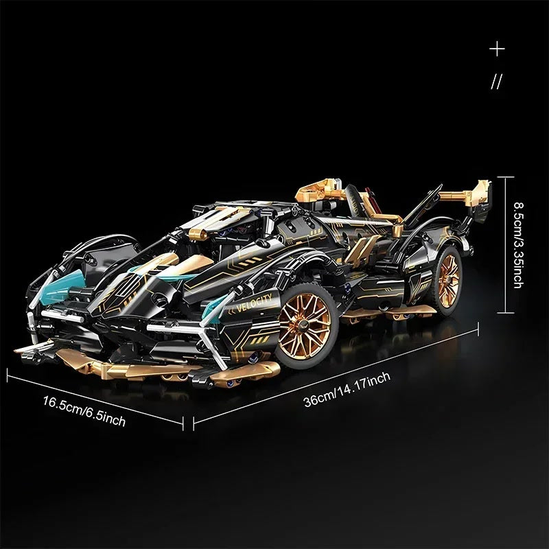 2024 Black V12 Block Roadster RC Tech Racer 1:14DIY Roadster building block assembly Block car toy birthday gift （1280 granule）