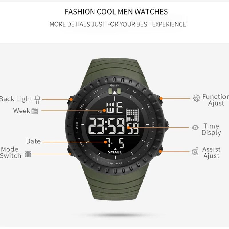 SMAEL Brand Men Electronics Watch Outdoor Sports Waterproof Big Dial Digital LED Alarm Digital-watch 1237 Sport Watch