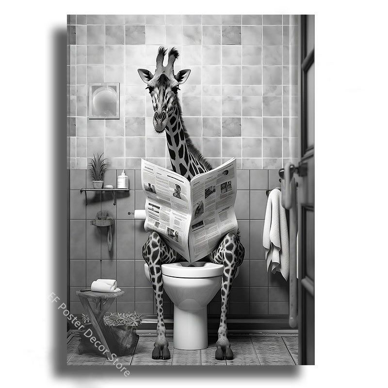 Funny Bathroom Humor Poster Animal Sitting on The Toilet Reading A Newspape Artwork Painting Room Office Cafe Home Wall Decors