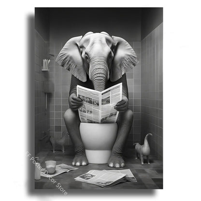 Funny Bathroom Humor Poster Animal Sitting on The Toilet Reading A Newspape Artwork Painting Room Office Cafe Home Wall Decors