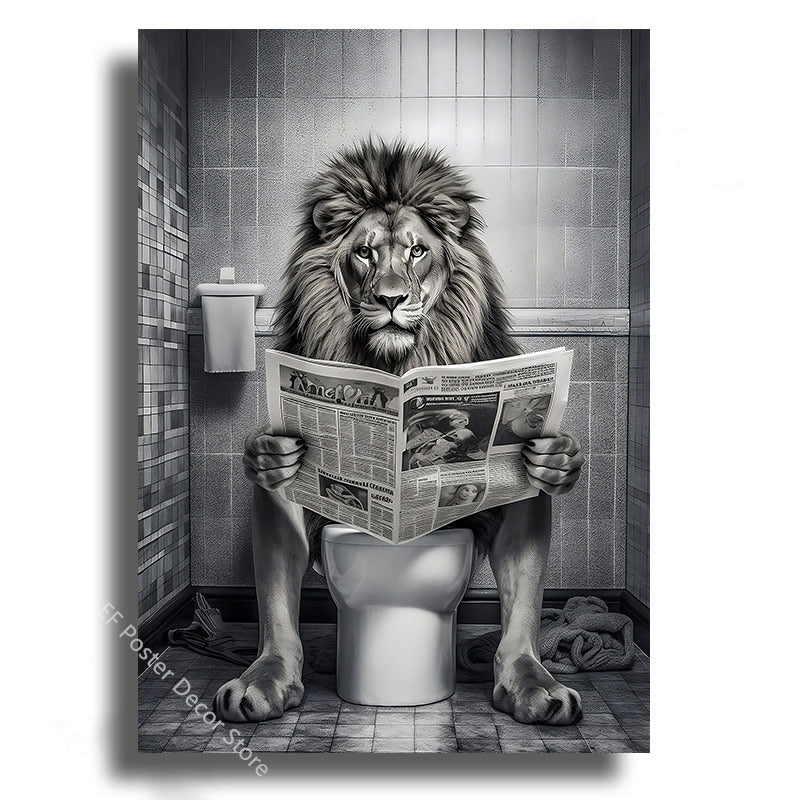 Funny Bathroom Humor Poster Animal Sitting on The Toilet Reading A Newspape Artwork Painting Room Office Cafe Home Wall Decors