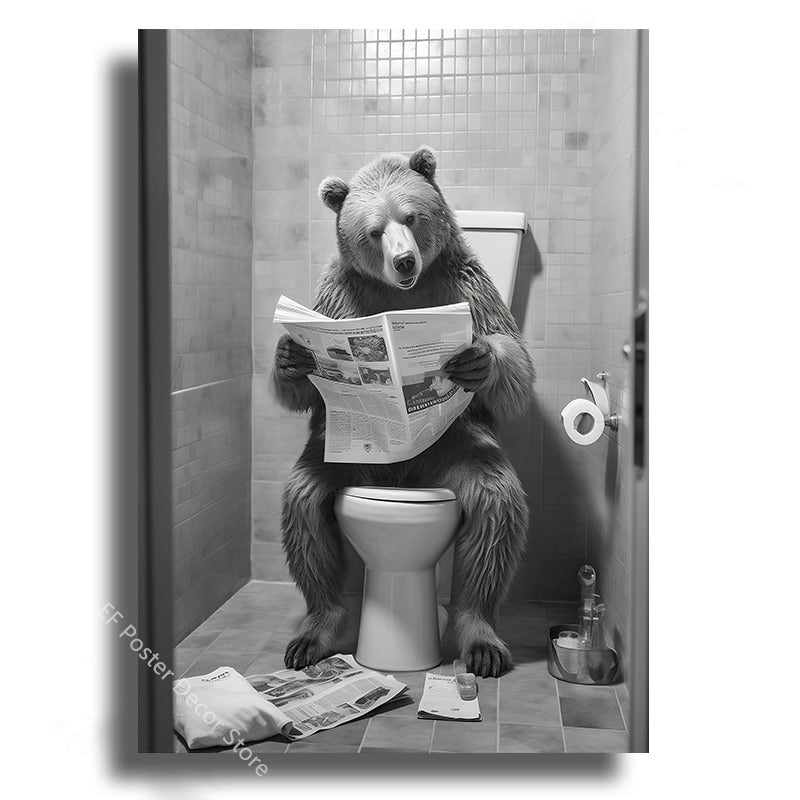 Funny Bathroom Humor Poster Animal Sitting on The Toilet Reading A Newspape Artwork Painting Room Office Cafe Home Wall Decors