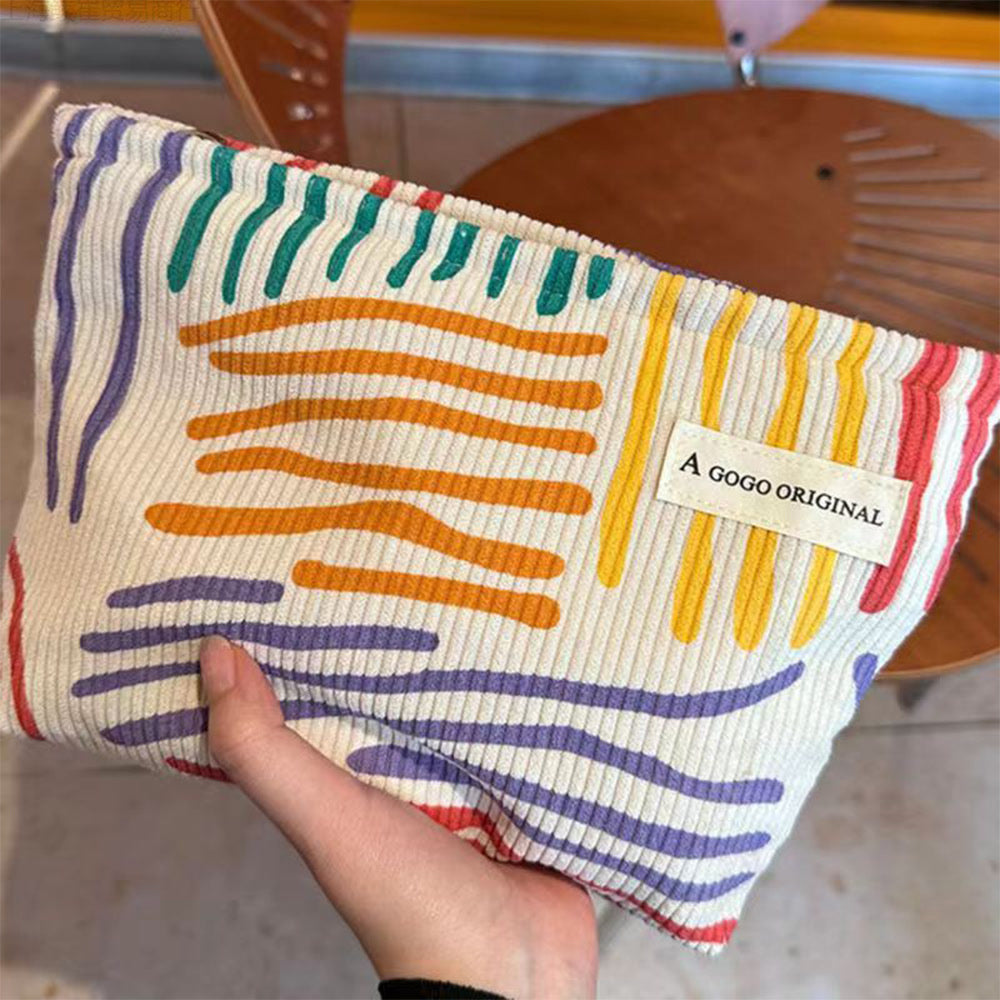 Colorful Stripes Corduroy Cosmetic Bag Portable Travel Toiletry Bag Skincare Sundries Aesthetic Makeup Storage Bag-ll