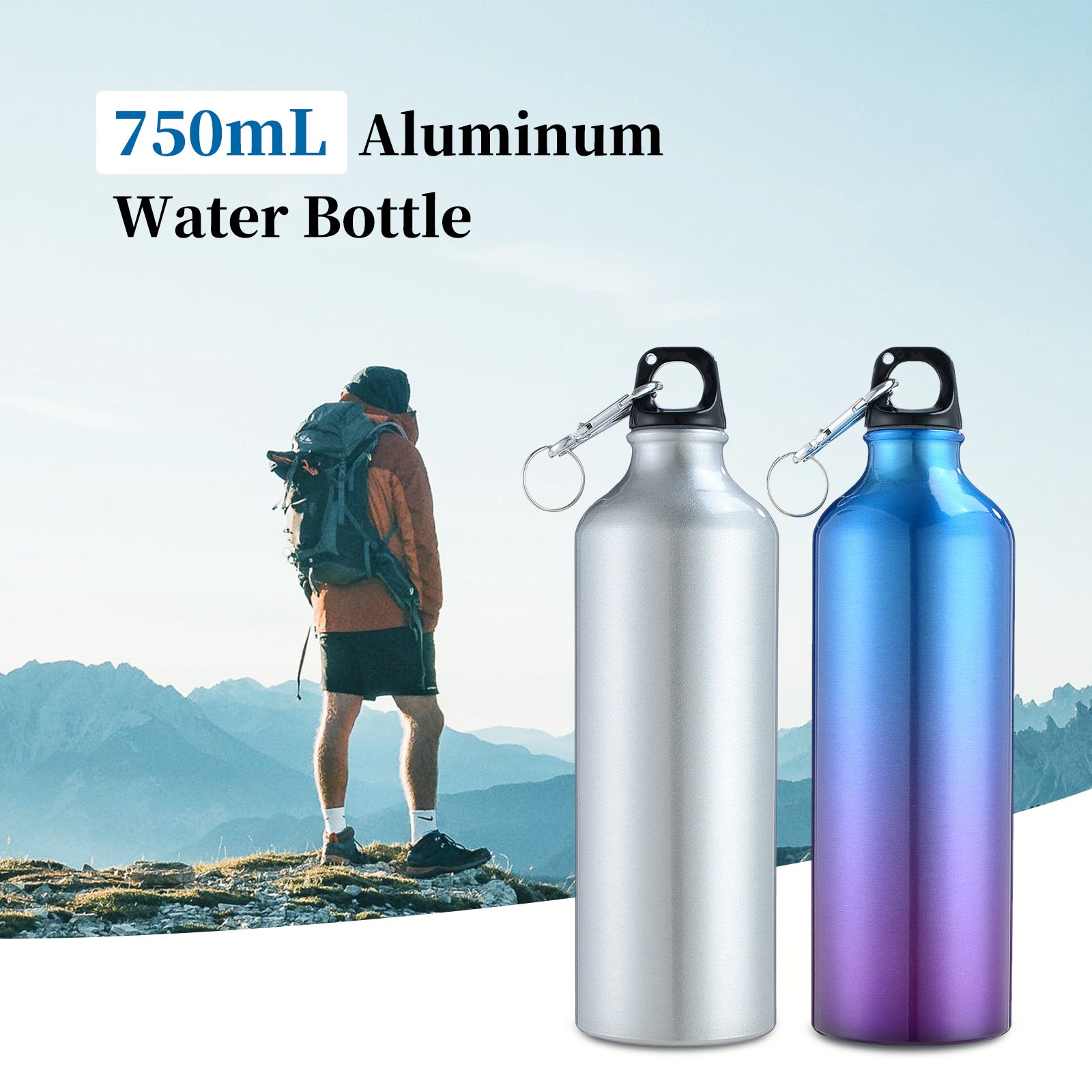 750mL Water Bottle with Carabiner Portable Reusable Leakproof Aluminum Water Jug for Hiking Travel Outdoor Sports Gym Fitness