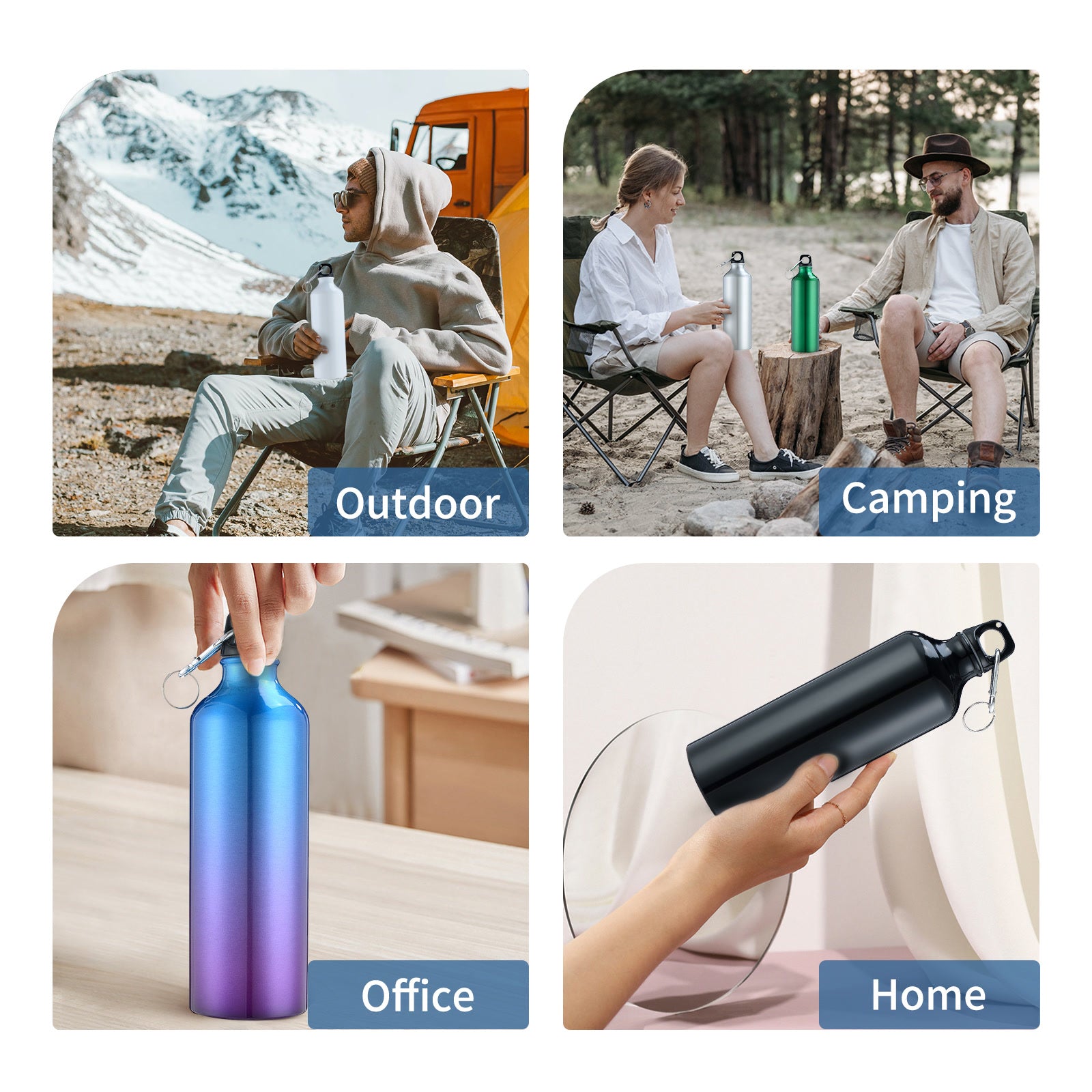 750mL Water Bottle with Carabiner Portable Reusable Leakproof Aluminum Water Jug for Hiking Travel Outdoor Sports Gym Fitness