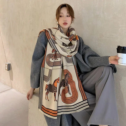 Luxury Winter Cashmere Scarf Women 2024 Design Warm Pashmina Blanket Horse Scarves Female Shawl Wraps Thick Foulard Bufanda