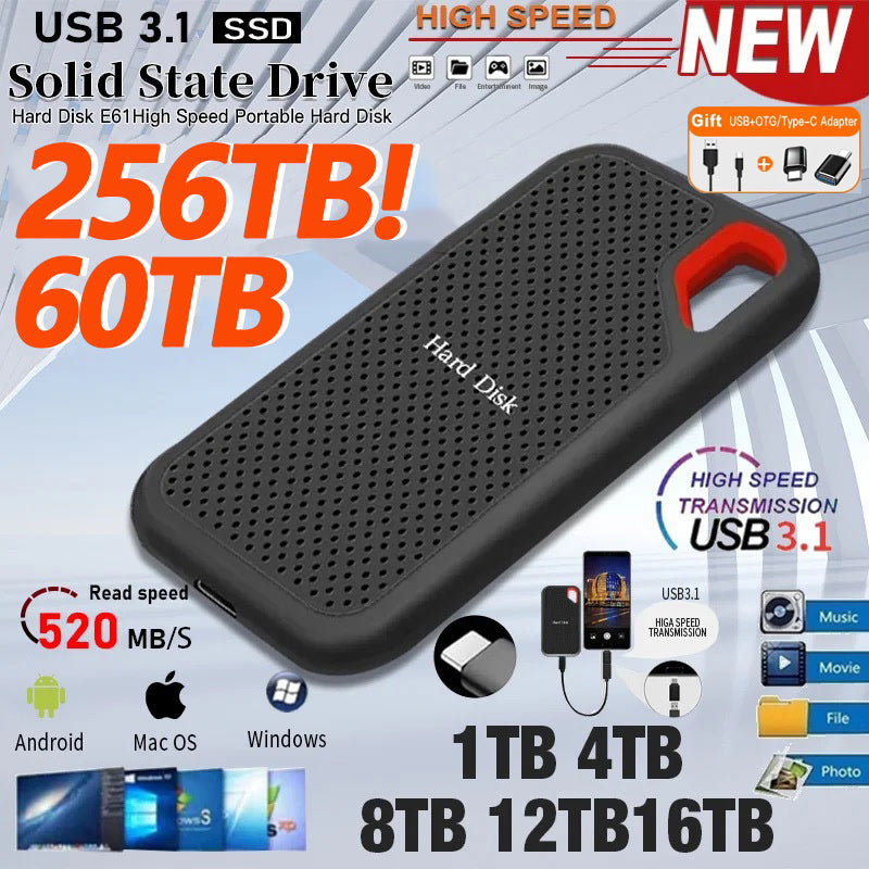 High Speed SSD 1TB Portable Hard Disk USB3.1 Hard Drive Type-C Solid Disk 256TB Original Storage Device for Phone/Loptop/Mac/PC