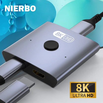 NIERBO 8K Bi-Directional HDMI 2.1 Switch Splitter 2 in 1 Out Ultra HD 4K@120Hz 8K@60Hz 48Gbps Aluminum HDMI Hub for PS5 Xbox