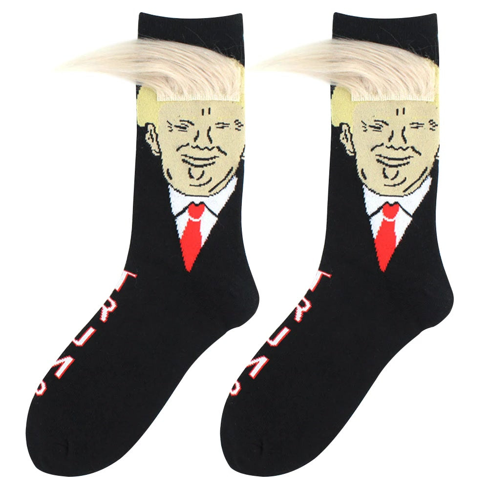 Donald Trump Socks With 3D Fake Hair Men Crew Socks Mens Compression Sock Streetwear Novelty Hip Hop Spoof Funny Trump Socks