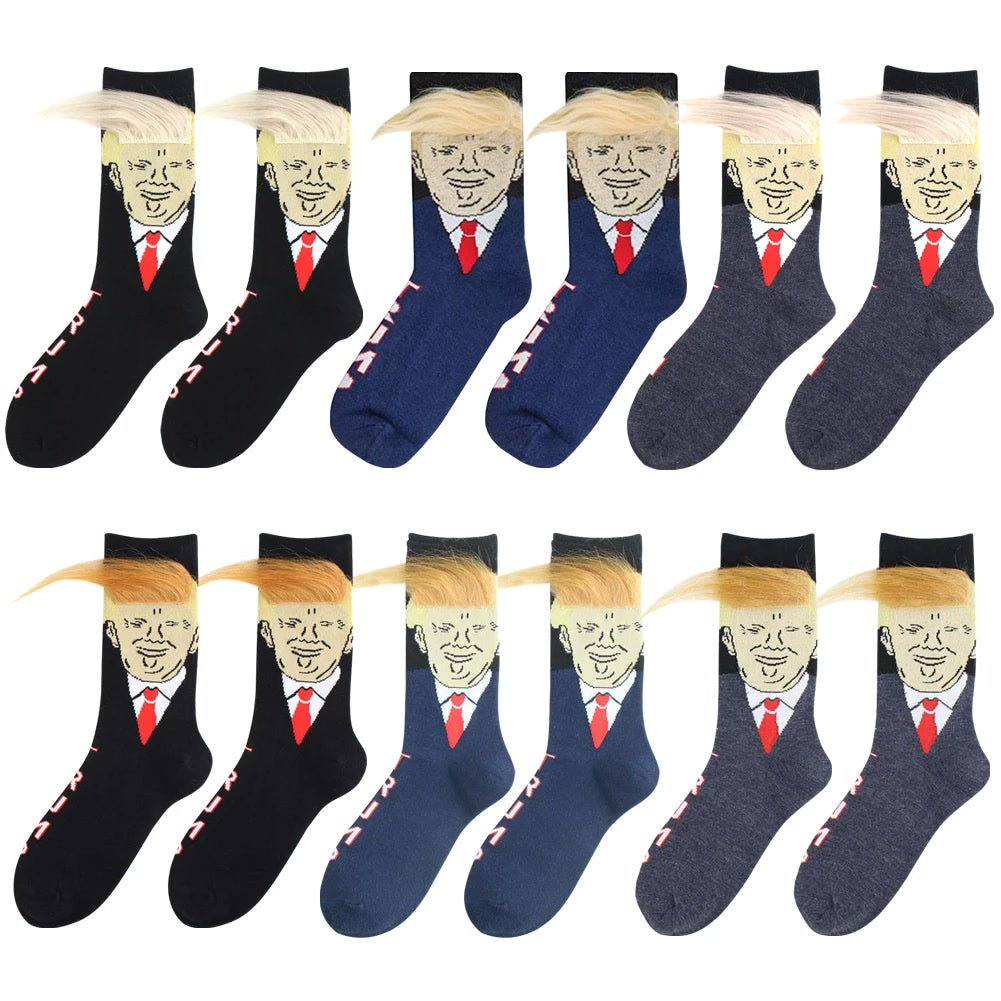 Donald Trump Socks With 3D Fake Hair Men Crew Socks Mens Compression Sock Streetwear Novelty Hip Hop Spoof Funny Trump Socks