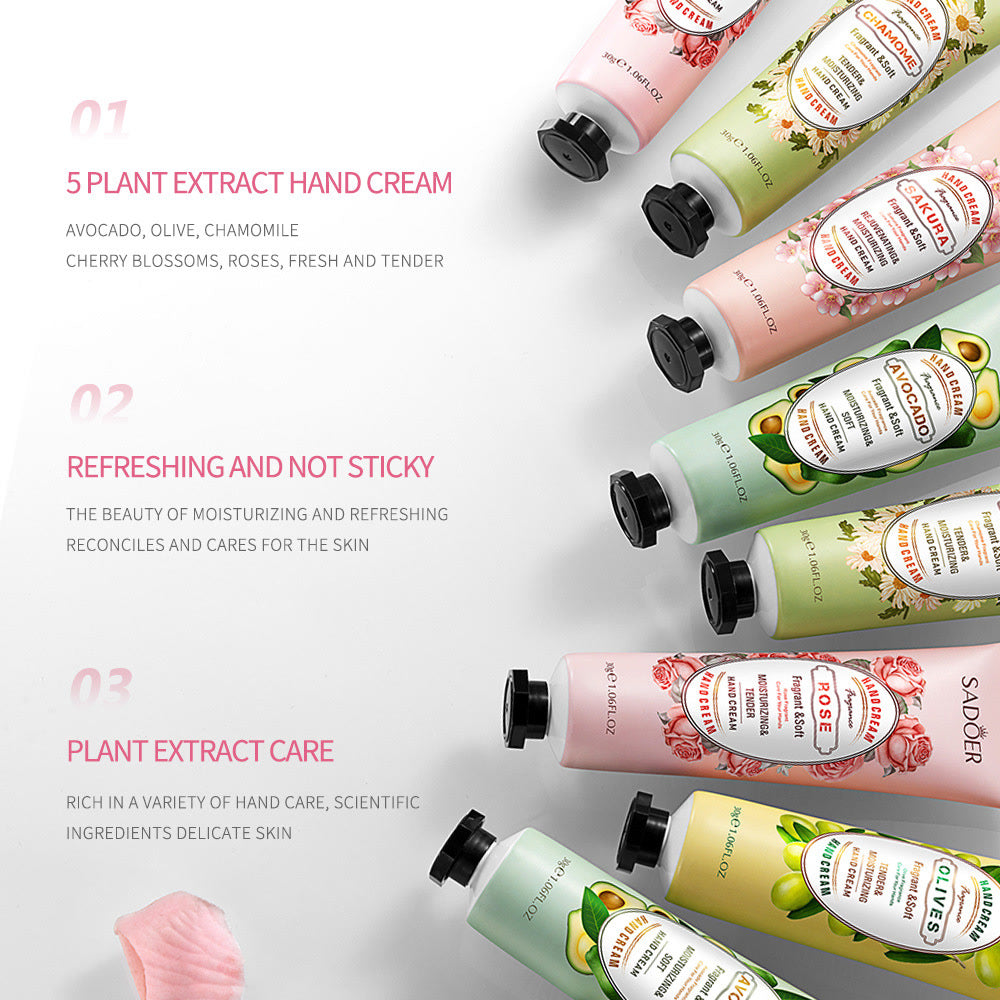 5Pcs/set SADOER Fruit Plant Fragrance Hand Cream Sets Moisturizing Repair Anti Dry Hand Lotion Sets Hands Skin Care Products