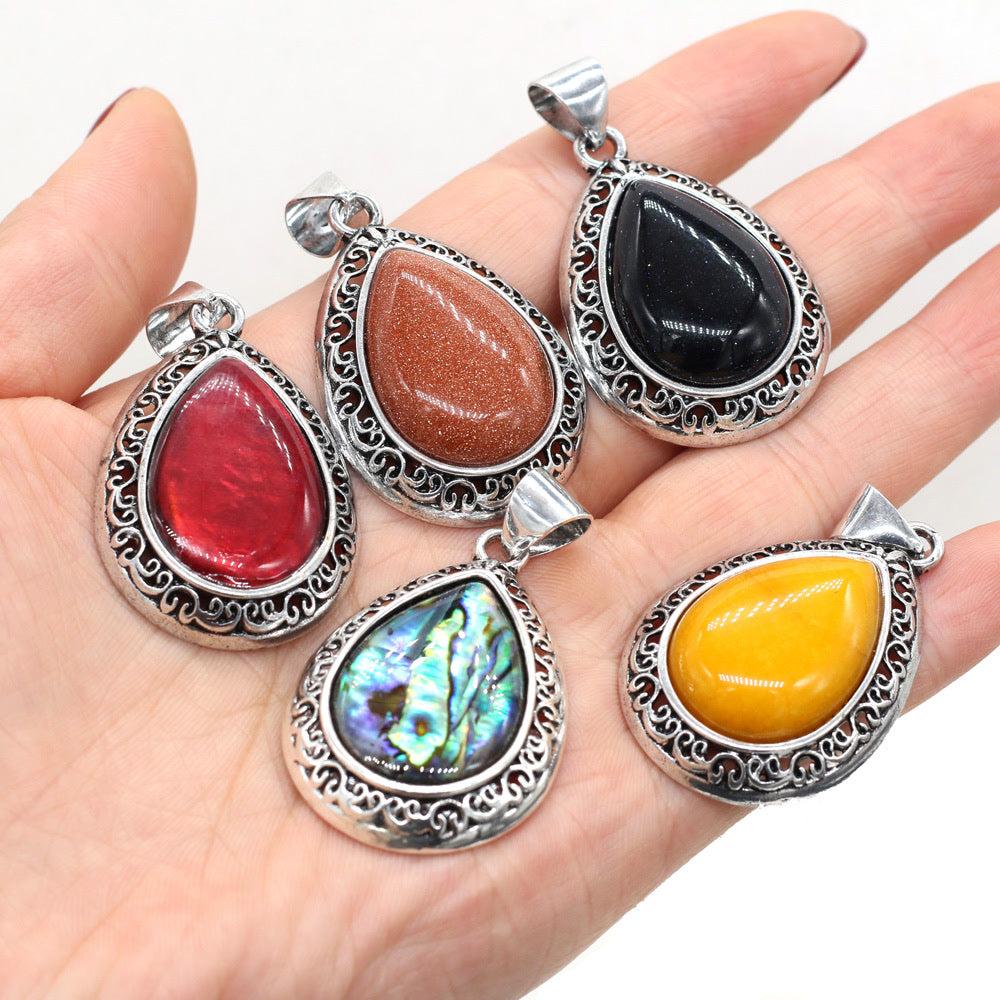 Natural Stone Crystal Water Drops Pendant Alloy Electroplate Tiger Eye Amethyst Quartz Abalone Bebey Necklace Jewelry Accessory