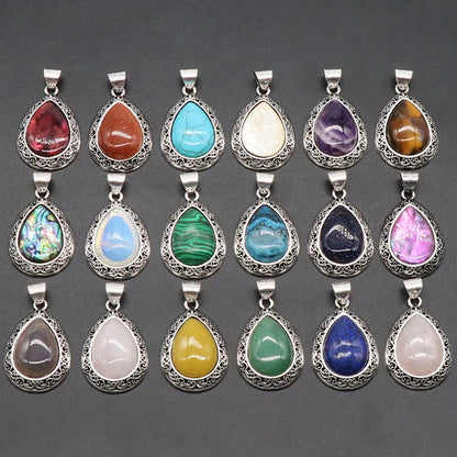 Natural Stone Crystal Water Drops Pendant Alloy Electroplate Tiger Eye Amethyst Quartz Abalone Bebey Necklace Jewelry Accessory