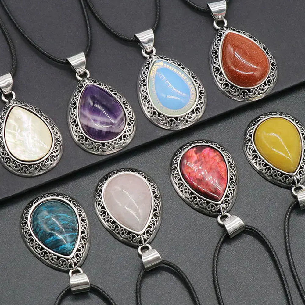 Natural Stone Crystal Water Drops Pendant Alloy Electroplate Tiger Eye Amethyst Quartz Abalone Bebey Necklace Jewelry Accessory