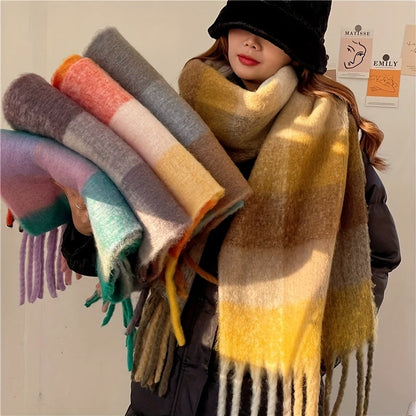 Cozy Rainbow Plaid Chunky Scarf Women Imitation Cashmere Thickened Warmth Long Tassels Winter Shawl Wrap Scarves