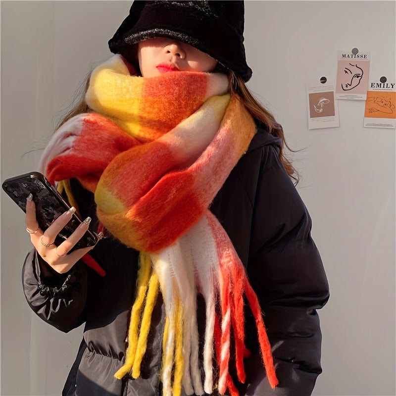 Cozy Rainbow Plaid Chunky Scarf Women Imitation Cashmere Thickened Warmth Long Tassels Winter Shawl Wrap Scarves