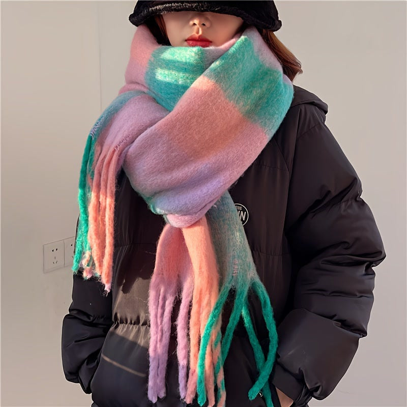 Cozy Rainbow Plaid Chunky Scarf Women Imitation Cashmere Thickened Warmth Long Tassels Winter Shawl Wrap Scarves